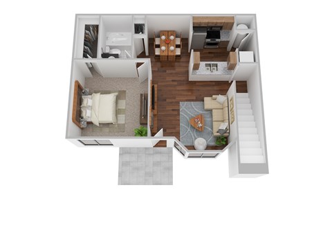 A top down view of a living room, kitchen, and dining area.